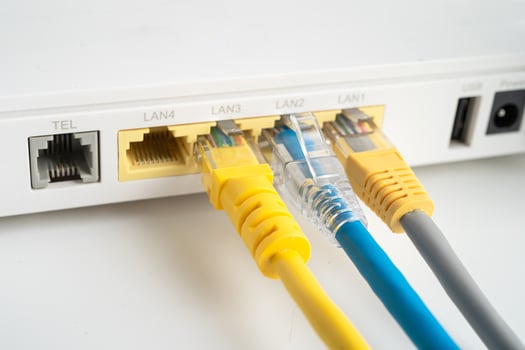 Ethernet cable with wireless router connect to internet service provider internet network. photo
