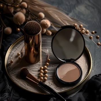 Make-up cosmetic product, beauty products and cosmetics swatch sample flatlay, various makeup brand tools as glamour fashion night out background photo