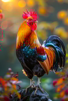 Rooster crowing on the rock with colorful background photo
