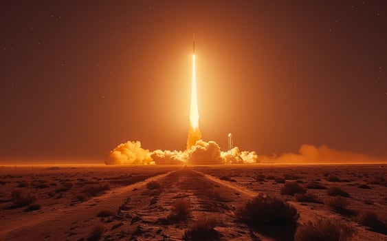 Rocket taking off into the sky. A missile launch at night photo