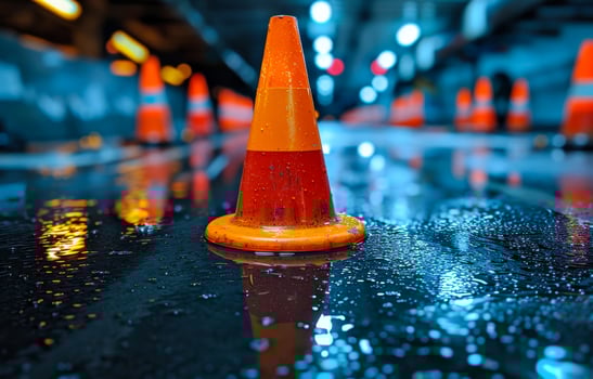 Orange traffic cone on the wet road photo