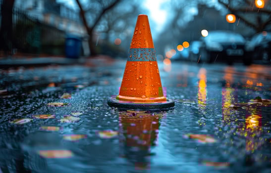 Orange traffic cone and traffic lights on wet road after rain in the evening photo