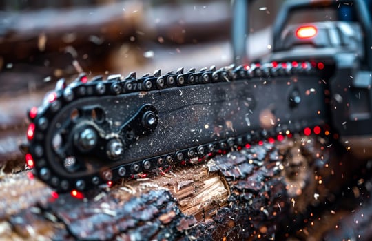 Chainsaw is cutting the log of wood tree photo