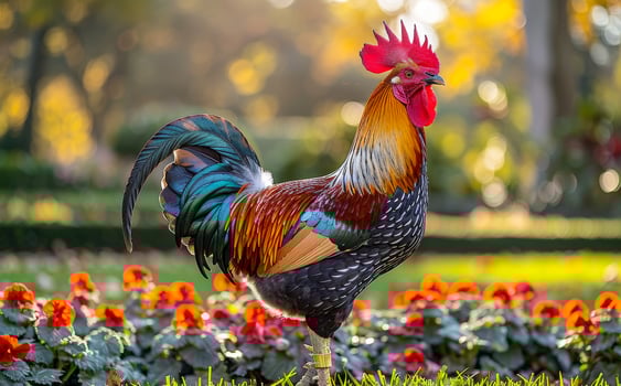 Rooster and flowers in the morning. A rooster walking on the farm photo