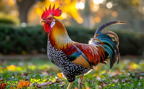 Rooster is standing on the grass in the morning. A rooster walking on the farm photo