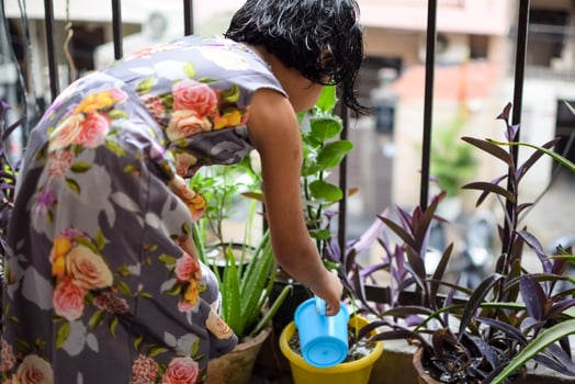 Cute 5 year old Asian little girl is watering the plant in the pots located at house balcony, Love of sweet little girl for the mother nature during watering into plants, Kid Planting photo