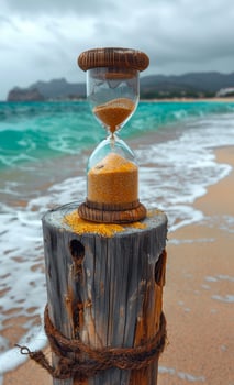 Hourglass on wooden pole on the beach photo
