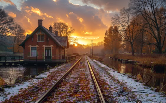 Railway and house in the Dutch countryside in winter at sunset photo