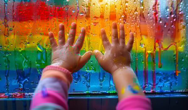 Child presses their hands against window with rainbow painted on it. photo