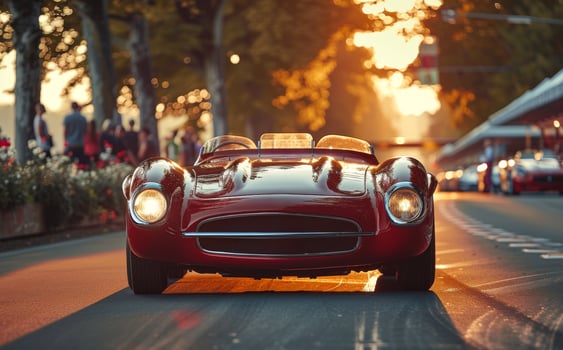 Classic cars driving in the evening on small street photo