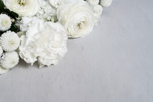 White flowers on light gray background with copy space. Template for text photo