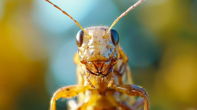 Grasshopper is looking at the camera. A termite attack photo