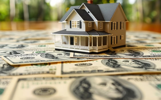 Model house sits on top of pile of money. photo