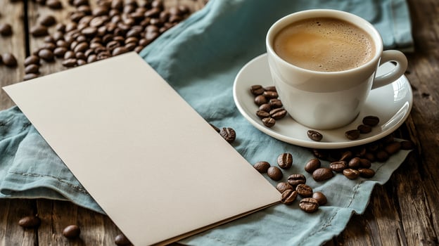 Close-up of coffee cup and coffee beans on Empty brown wooden table and Coffee shop interior with Mock-up Menu frame photo