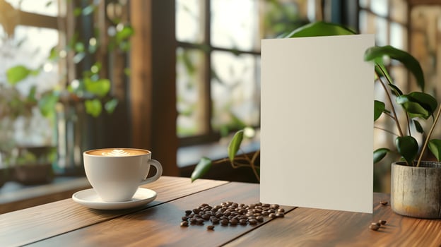 Close-up of coffee cup and coffee beans on Empty brown wooden table and Coffee shop interior with Mock-up Menu frame photo