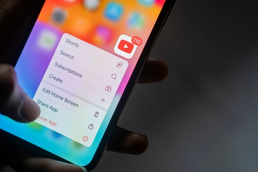 Smart phone screen with YouTube app and context menu photo