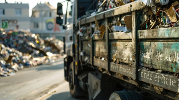 A truck loaded with discarded building materials driving towards a recycling facility with a sign on the side reading Help us build a greener future photo
