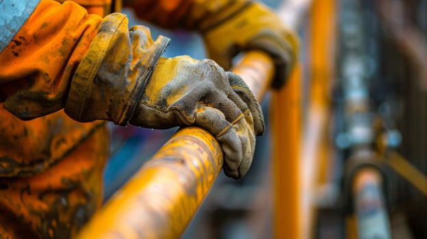 A closeup of a workers gloved hand gripping a section of temporary safety railing highlighting the physical labor involved in installing them photo