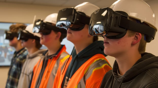 A group of students taking turns wearing virtual reality headsets experiencing a 3D simulation of a construction site and learning about safety precautions photo