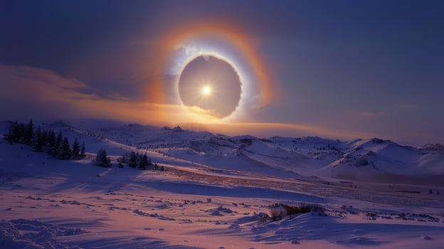 A majestic full moon halo casting a mystical glow over a snowy landscape photo