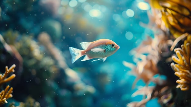 A lone fish swimming gracefully through the tranquil waters of a blue hole surrounded by colorful coral and seaweed photo