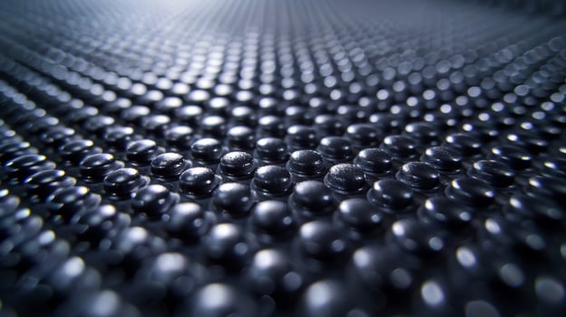 A closeup view of a conveyor belt comprised of small tightly spaced bumps that resemble a field of goosebumps on the rubber surface photo