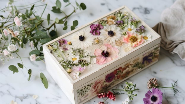 A memory box adorned with pressed flowers showcasing the beauty of preserving natural memories photo