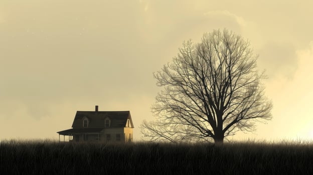 A faint distant silhouette of a childhood home reminding us of our roots and where our memories were formed photo