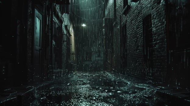 A pouring rainstorm in a dark alleyway representing the powerful emotions that can be brought on by memories photo