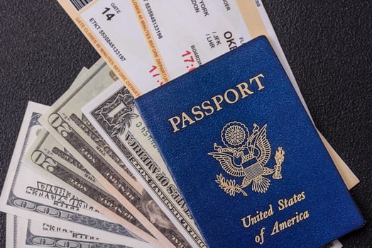United States of America passport, airline tickets and money photo