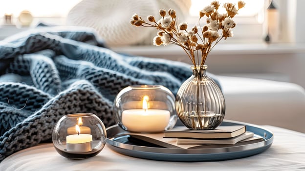 Candles and books on a bed with a blanket photo
