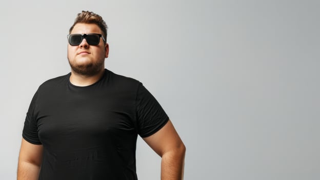 A man in a black t-shirt and sunglasses poses against a plain background photo