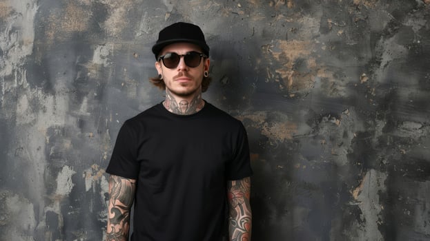 A tattooed man wearing a black t-shirt and sunglasses stands against a weathered concrete wall photo