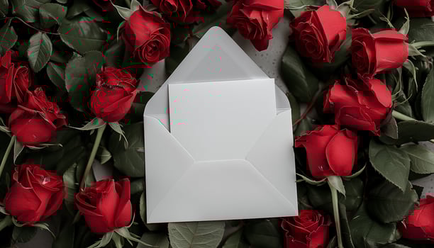 A White card Envelope mockup Among Red Roses photo