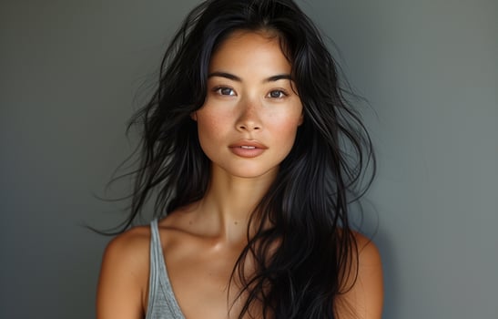 Asian woman with long black hair, wearing a grey tank top, posing for the camera against grey background photo