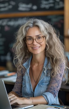 Smiling teacher wearing glasses sits at a desk with a laptop in front of a blackboard photo