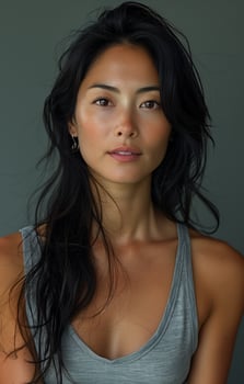 Asian woman with long black hair, wearing a grey tank top, posing for the camera against grey background photo