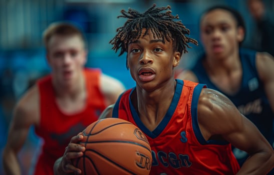 Three young men play basketball in a gym. One dribbles past three defenders, all in red and blue uniforms photo
