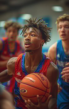 Three young men play basketball in a gym. One dribbles past three defenders, all in red and blue uniforms photo