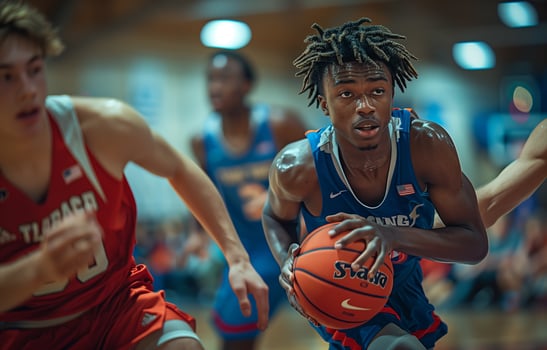 Three young men play basketball in a gym. One dribbles past three defenders, all in red and blue uniforms photo