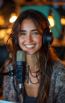 Young woman smiling, recording podcast or live streaming in home studio, engaging audience with microphone photo