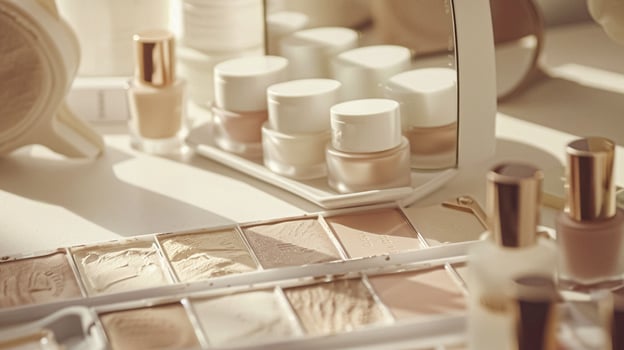 Make-up cosmetic product, beauty products and cosmetics swatch sample flatlay, various makeup brand tools as glamour fashion night out background photo