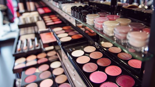 Make-up cosmetic product, beauty products and cosmetics swatch sample flatlay, various makeup brand tools as glamour fashion night out background photo