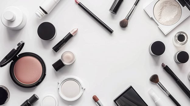Make-up cosmetic product, beauty products and cosmetics swatch sample flatlay, various makeup brand tools as glamour fashion night out background photo