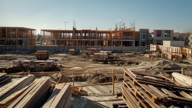 A rotating shot of the building site featuring the temporary safety railings prominently in the foreground and emphasizing their importance in the construction process photo
