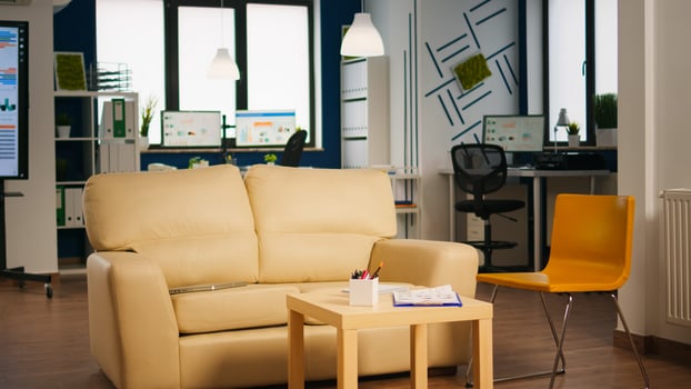 Empty start up business office with modern design and confortable couch. Financial company with nobody in it, place of work startup, workplace indoors concept photo