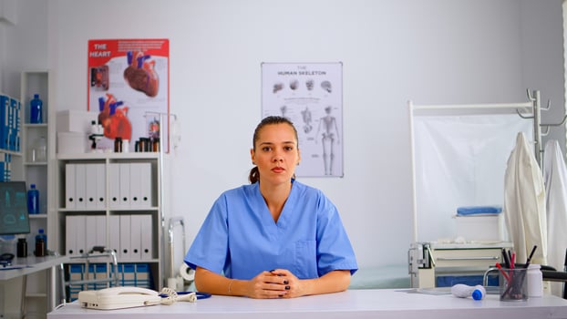 Pov of young doctor on online call offering medical support to patients. Physician using virtual discussion to consult people, telemedicine and healthcare support, virtual meeting. photo