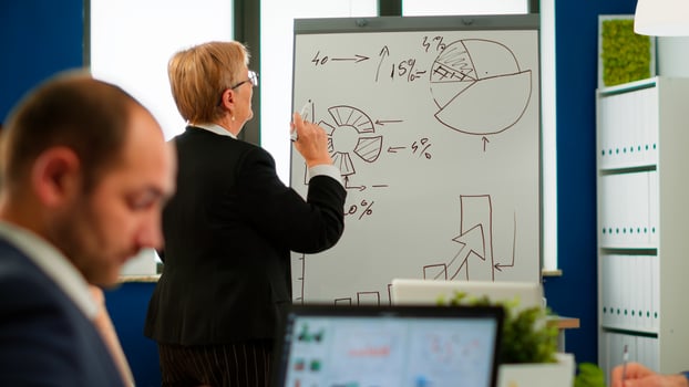 Mature businesswoman writing on white board, presenting sales evolution answering question interacting with audience at corporate workshop, business coach and worker talking during conference training photo