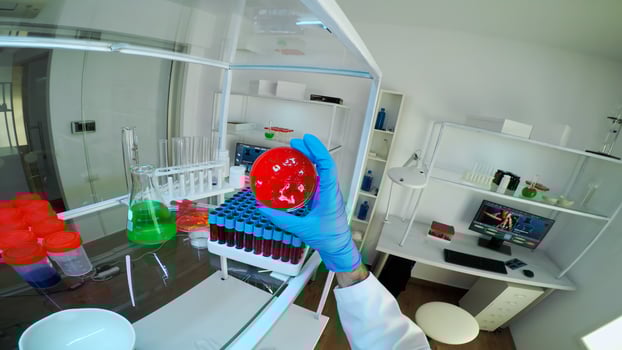 POV of researcher mouving test tubes with blood and holding patri dish analysing chemical reaction. Team of doctors, viorolog researcher in professional lab working to discover medical treatment. photo