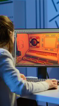 Woman game sotware developer testing new game overtime at night in start up creative agency company. Tired worker developing new online games on pc with modern technology photo
